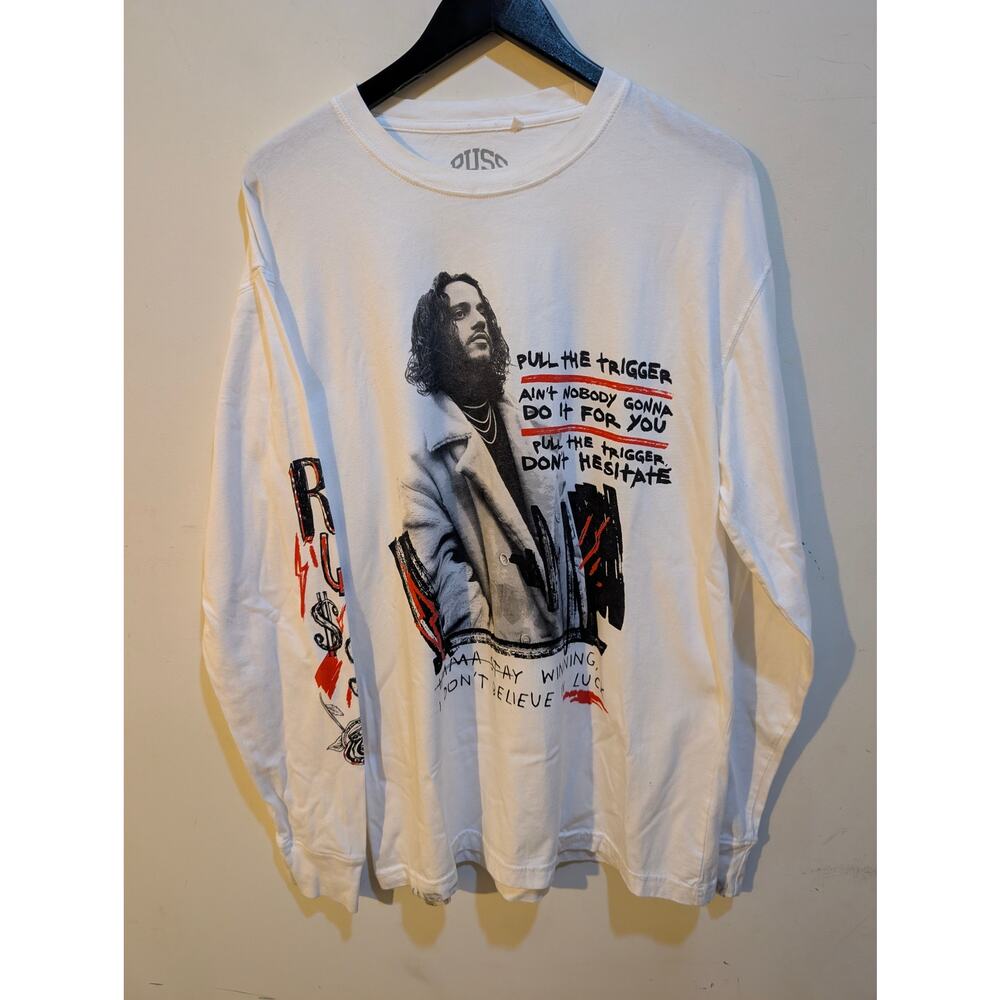 Russ Rap Artist DIEMON White Stay Winning Pull the Trigger Long Sleeve Shirt LG